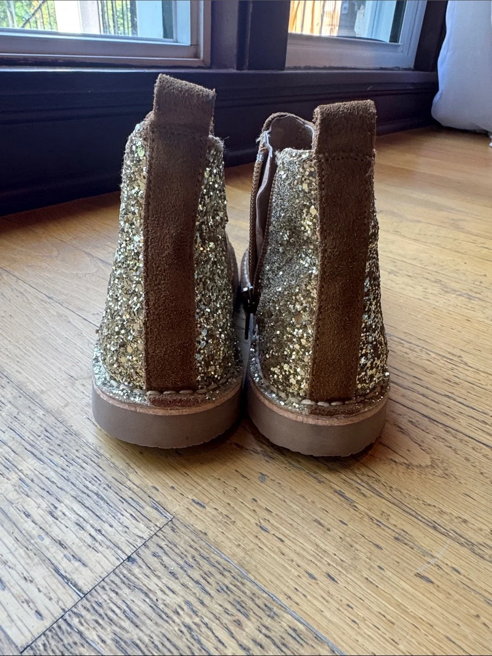 Kids Brown Suede Chelsea Boots with Gold Glitter Heel Accent